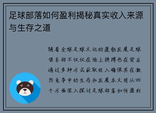 足球部落如何盈利揭秘真实收入来源与生存之道